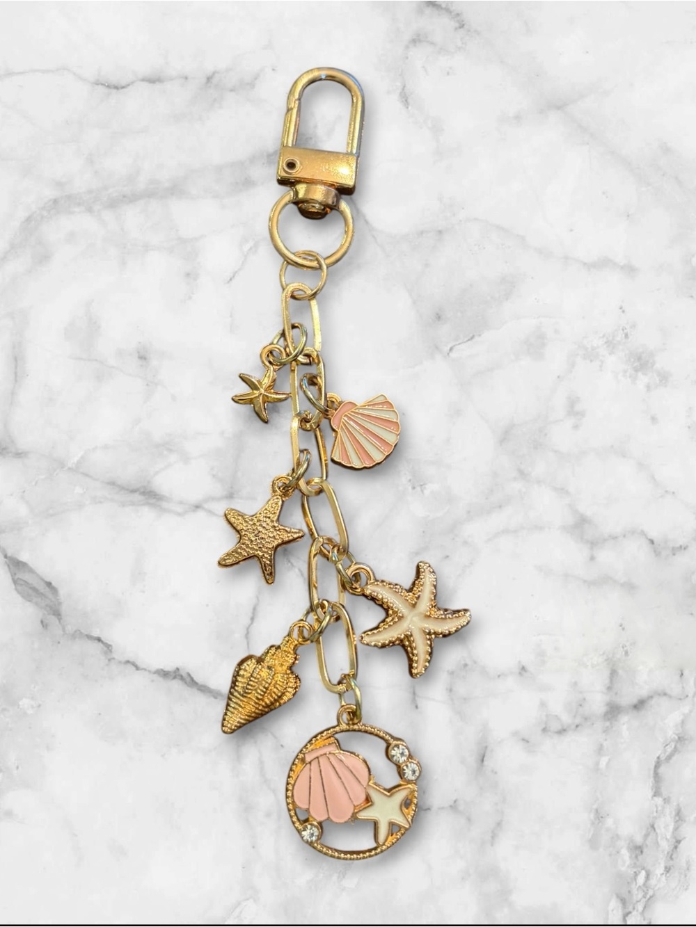 Gold-tone Seashell & Starfish Keychain Charm - Pink Accents